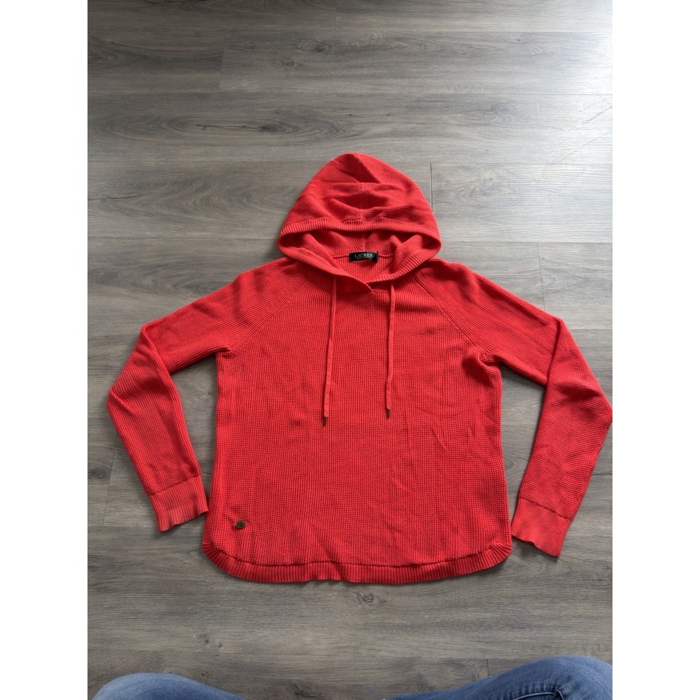 Lauren Ralph Lauren Womens Medium Orange Waffle Knit Sweater Hooded Pullover